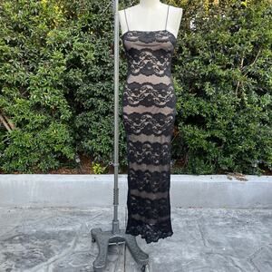 Vintage 90s Y2K Peep Black Lace Nude Maxi Tank Dress USA Made Medium
